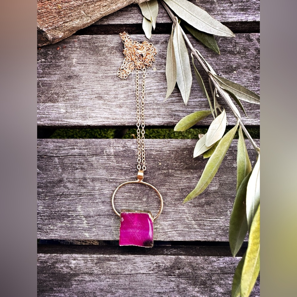 Hot Pink Agate Square Polished Stone Tile Pendant.